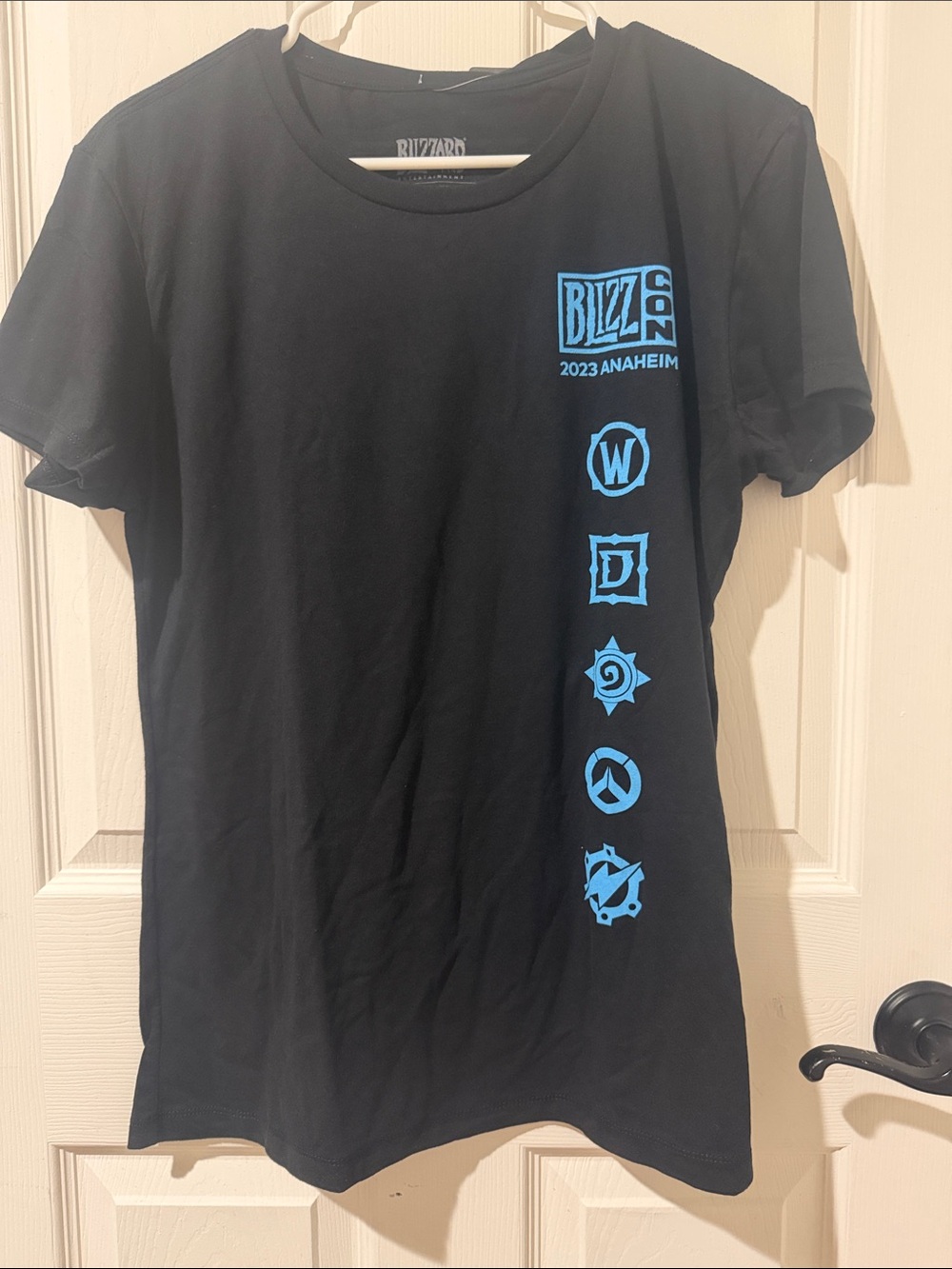 Blizzard 2023 Anaheim Men's Black Tee with Blue Game Icons